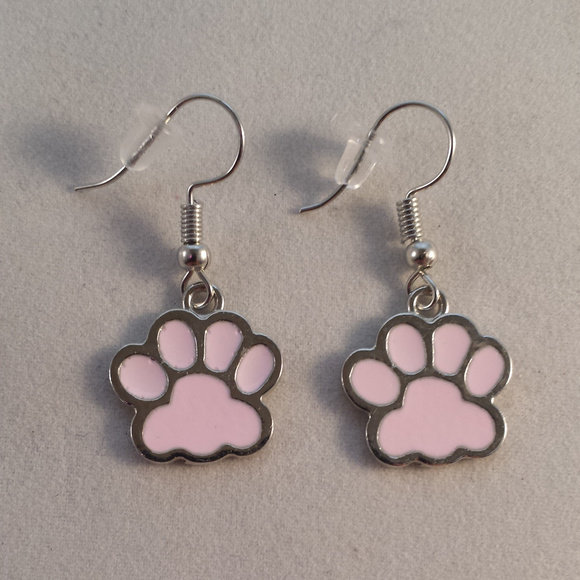 Silver Pink Cat Dog Paw Earrings Hypoallergenic Hk - Picture 2 of 2